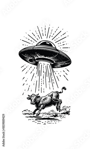 Retro UFO Abduction Scene with Cow – Vintage Engraving Illustration