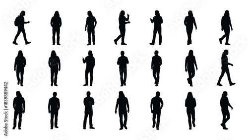 a collection of diverse human figures shown in black representing various poses and actions as a silhouette