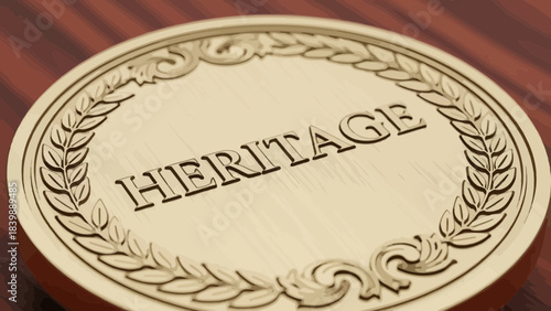 Timeless Heritage: The image showcases a golden medallion, bearing the inscription HERITAGE, a symbol of enduring legacy and cultural significance.