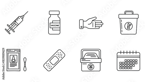 Medical Icons Syringe, Vaccine, Bandage, Calendar, Hand, and Disposal