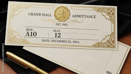 Grand Hall Admittance: A vintage-style admission ticket from Grand Hall on a desk, accompanied by stationary and a pen. A symbol of exclusivity and anticipation.