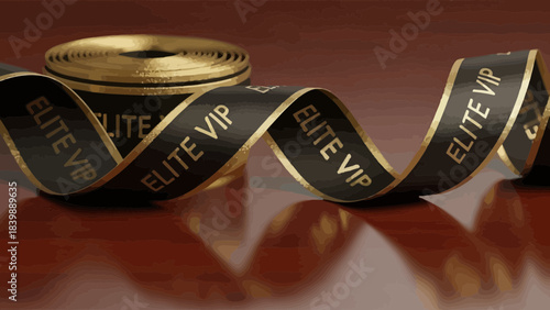 Elite VIP Ribbon's Elegance: A luxurious black ribbon, elegantly imprinted with ELITE VIP in gold, curls gracefully against a refined backdrop, showcasing an image of exclusivity and prestige.