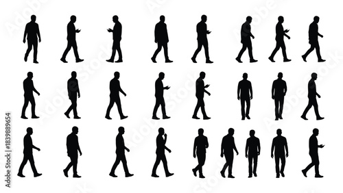 a collection of various human figures depicted in different walking poses displayed as a striking silhouette