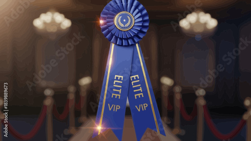 Elegant VIP Ribbon: A captivating composition, the ribbon displays a VIP ELITE emblem against the backdrop of an opulent ballroom setting.