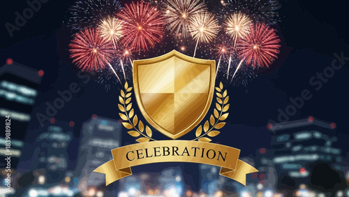 Golden Shield Celebration: A gleaming golden shield adorned with laurel and ribbon, symbolizing triumph, sets against a backdrop of vibrant fireworks.