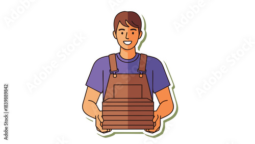 Smiling Man Wearing Blue Overalls and Purple Shirt Carrying Stack of Brown Wooden Boards with Orange Outline and White Border on Black Background