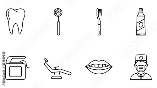 Comprehensive Set of Essential Line Icons for Dental Health, Oral Hygiene, and Professional Care