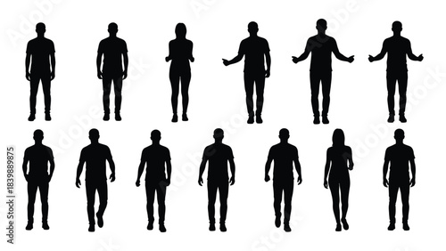 a collection of ten black human silhouettes standing in various poses against a plain white background silhouette
