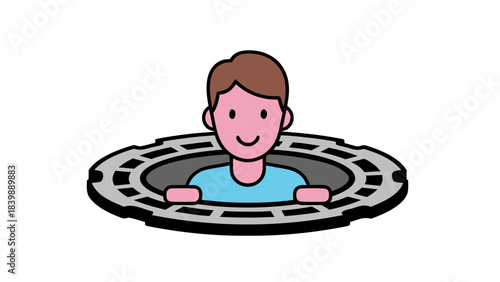 Smiling Person Emerging From A Dark Round Opening Against A Black Background