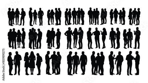 a collection of numerous black human figure silhouettes standing in rows exhibiting diverse poses and forms silhouette