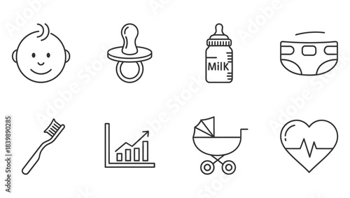 Essential Baby Care and Health Line Icons Set Newborn Development and Child Lifestyle Flat Vector Illustrations