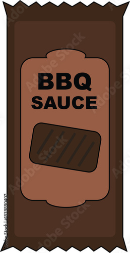Vector illustration of a BBQ sauce packet in a clean and simple flat design. The brown sachet features bold text and a grilled meat icon, making it ideal for food packaging concepts