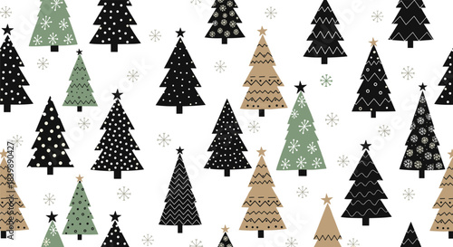 Pattern collection of decorative Christmas trees in various shapes, colors, and styles with snowflakes, perfect for holiday backgrounds, festive wrapping paper, and seasonal graphic design
