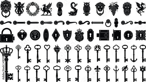 Vintage lock and key silhouettes with ornate decorative elements, heraldic symbols, door hardware, security icons, and antique illustration motifs