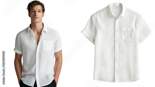 Handsome young man models a textured white short sleeve button up shirt next to a product display cutout