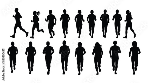 a collection of diverse human figures depicted in motion running and walking poses presented as a striking silhouette