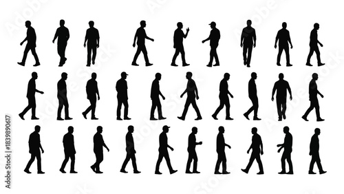 A collection of black silhouettes depicting various human walking and running poses in a repeating pattern silhouette
