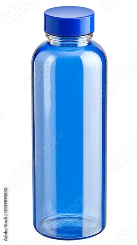 A clear, cylindrical, glass bottle with a rounded base and a blue, screw-on cap