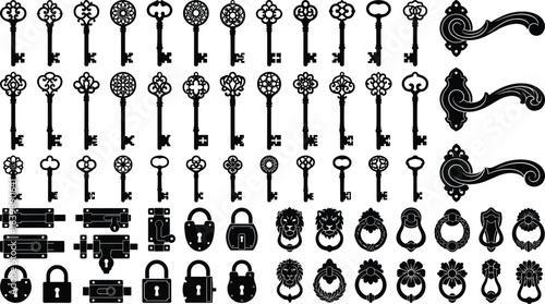 Vintage vector collection of ornate keys, padlocks, door handles, bolts, and decorative knockers designed for antique themes, restoration, and graphic projects