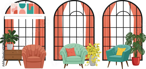Cozy modern interior design scene featuring stylish armchairs, large arched windows, indoor plants, decorative furniture, and warm home decor elements in a contemporary vector style