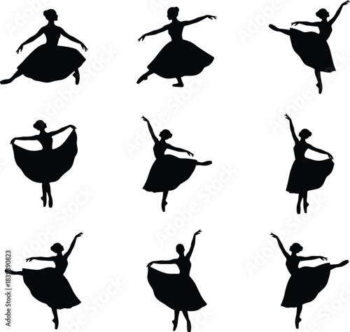 Elegant ballerina silhouette set showing classical ballet poses tutu arabesque pirouette plie grand jete pointe dance vector illustrations collection pack