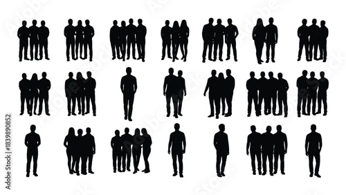 a collection of various human figures in black showcasing different poses and groupings as a striking silhouette
