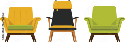 Set of modern armchairs in stylish mid-century designs with wooden legs and vibrant colors, perfect for interior decor, furniture catalogs, and contemporary vector illustrations