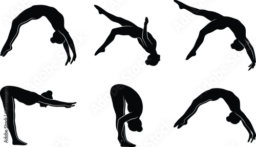 Dynamic female gymnastics silhouette collection showcasing flexible athletic poses, acrobatic movements, stretching exercises, strength balance positions, and artistic sports vector illustration set