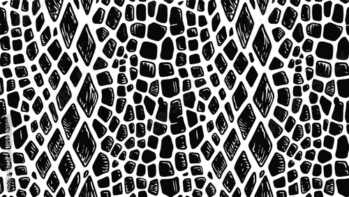 Hand-drawn abstract reptile skin seamless pattern featuring irregular organic shapes, bold black texture elements, and unique wild animal inspired vector design