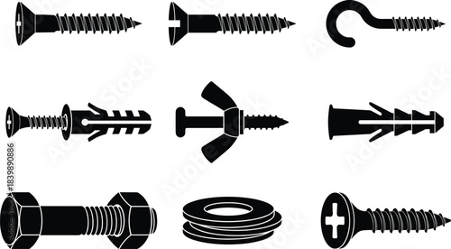 Collection of detailed silhouette hardware fasteners including screws, bolts, anchors, hooks and washers designed for construction, repair, industrial and DIY vector projects