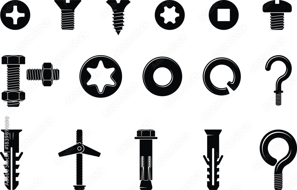 Naklejka premium Comprehensive collection of screw, bolt, nut, washer, and hardware fastener silhouettes for construction, engineering, DIY projects, and technical vector designs