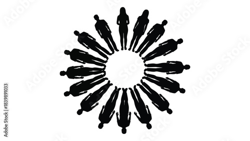 a circular arrangement of human figures depicted in a striking black silhouette forming a unified and symbolic design silhouette