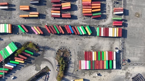 Aerial view of Port of Tacoma with many colorful containers.
