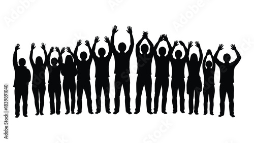 A group of people with arms raised in celebration appearing as a dark striking silhouette
