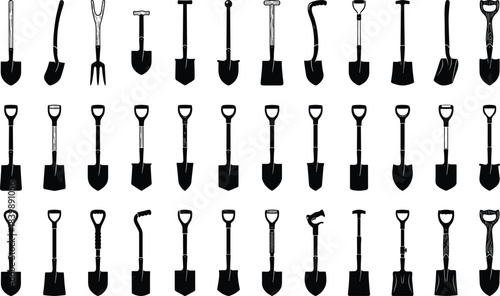 Collection of diverse shovel silhouettes and garden tool icons for landscaping, construction, agriculture, and outdoor equipment design projects and uses