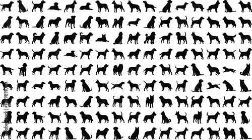 Extensive collection of diverse dog silhouettes showcasing various breeds, poses, and actions for versatile vector design, pet graphics, and creative projects