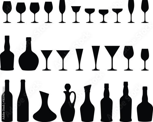 Extensive collection of wine glasses, cocktail glasses, bottles, decanters, and drinkware silhouettes for bar menus, beverage branding, and elegant vector designs