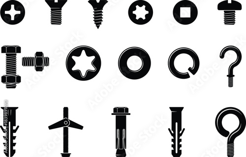 Comprehensive collection of screw, bolt, nut, washer, and hardware fastener silhouettes for construction, engineering, DIY projects, and technical vector designs
