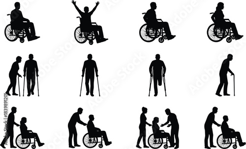 Inclusive mobility silhouettes illustrating diverse disability support, accessibility assistance, rehabilitation activities, wheelchair use, and caregiver help for universal design awareness