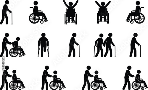 Set of mobility assistance stick figure icons showing wheelchair users, caregivers, crutch walkers, and elderly individuals supported with canes in various situations
