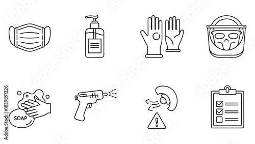 Comprehensive Outline Icons Personal Protective Equipment and Hygiene for Health Safety and Prevention