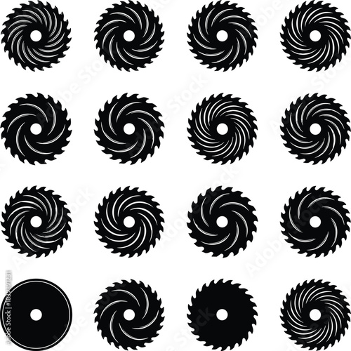Collection of circular saw blade silhouettes featuring sharp rotating teeth, industrial tool designs, cutter icons, and mechanical pattern elements for vector graphics