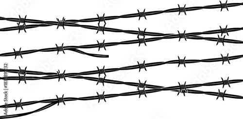 Collection of barbed wire vector silhouettes featuring sharp twisted strands, security fence elements, protective boundary lines, and industrial isolation barrier designs
