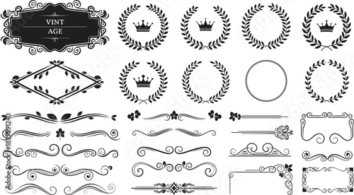 Collection of vintage ornamental frames, laurels, crowns, borders, and decorative flourishes, perfect for elegant invitations, certificates, labels, and classic design projects in vector style
