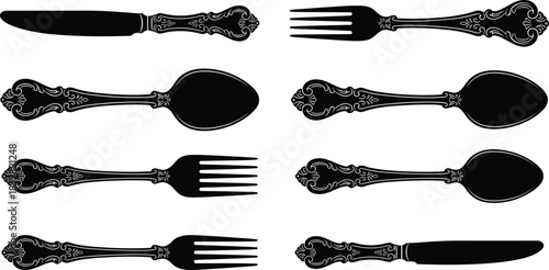 Vintage cutlery silhouette set featuring ornate knife, fork, and spoon designs with decorative handles for elegant kitchenware vector illustration use