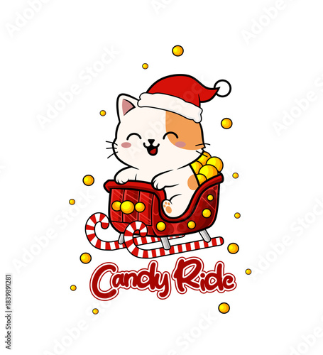 A sweet chibi cat wearing a Santa hat riding a candy sleigh filled with gifts, illustrated in a festive flat vector style on a white background