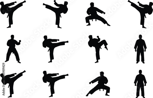 Silhouette martial arts training poses vector set featuring dynamic kicks, stances, movements, and karate athlete forms for sports design, fitness, education, and illustration projects