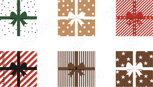 Set of decorative Christmas gift boxes with various ribbon styles and festive patterns, including stripes, polka dots, and stars, ideal for holiday designs and seasonal graphics