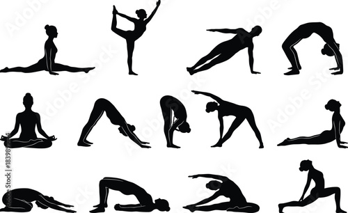 Silhouette vector collection of women practicing yoga poses, mindfulness exercises, stretching movements, meditation positions, flexible fitness postures, and balanced wellness activities 