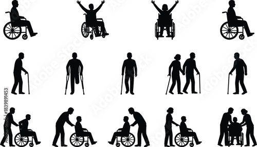 Silhouette vector illustration set showing wheelchair users, caregivers, elderly assistance, mobility support, disability activities, rehabilitation poses, medical aid, and supportive care scenes